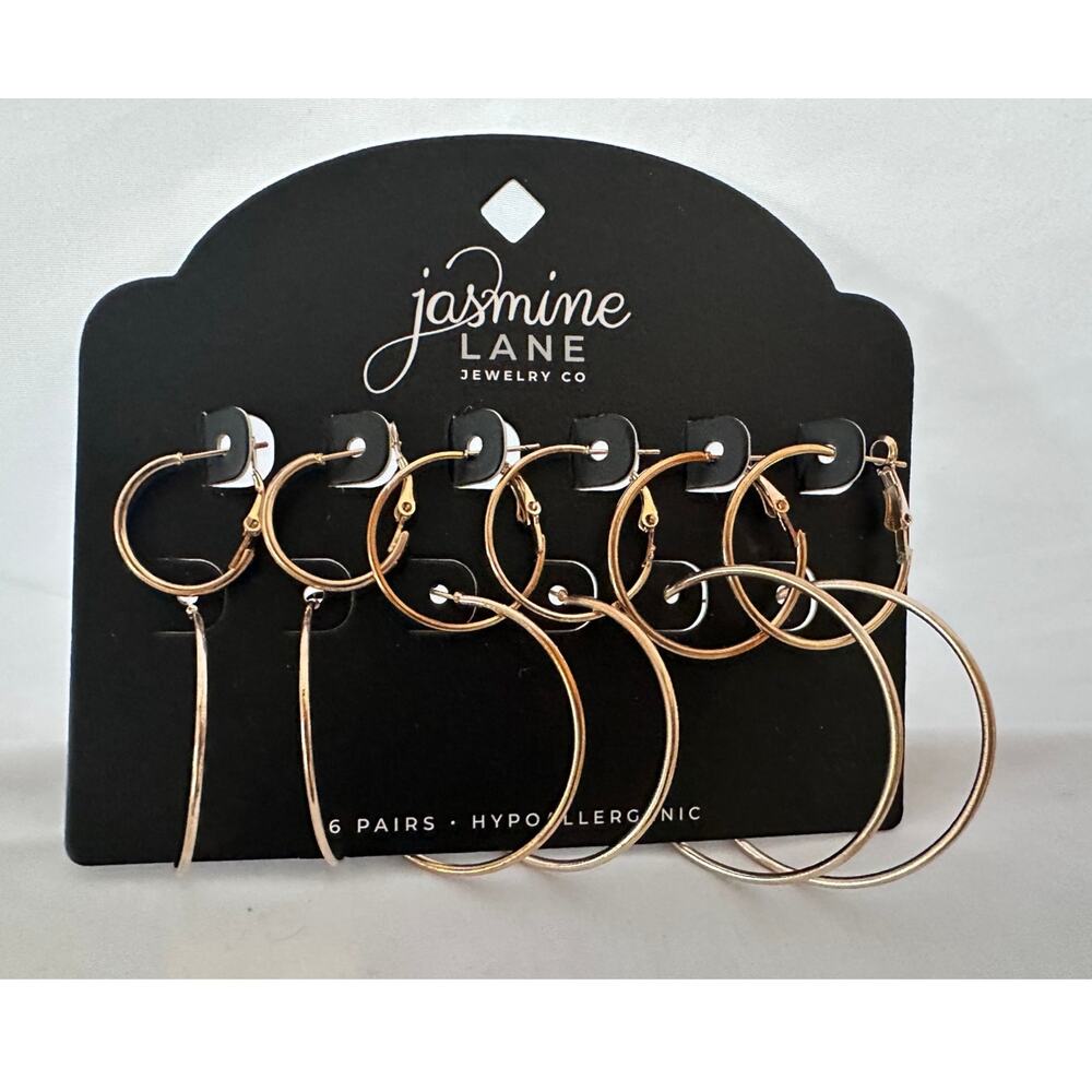 Jasmine‎ Lane Gold Hoop Earrings Set 6 Pairs Hypoallergenic Assorted Sizes NEW